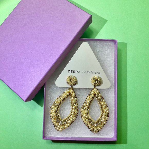 Deepa Gurnani Pearl & Rhinestone Statement Chandelier Earrings Ivory NWT - Picture 8 of 14